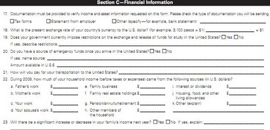 美国留学奖学金申请表 Section C – Financial Information