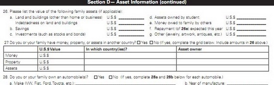美国留学奖学金申请表 Section D – Asset Information